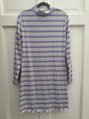 Kids Fitted, Stripe Lilac Shimmer Long Sleeve, Turtleneck Mini Dress, size M(10)
